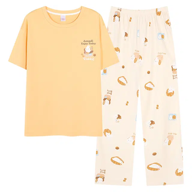 莫代尔 韩版宽松显瘦舒适轻柔圆领套头纯棉轻盈透气休闲简约短袖长裤不易起球家居服可外穿睡衣套装 女款