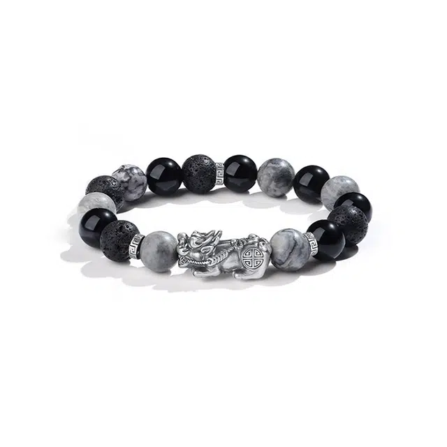 【S999银貔貅】 雅谷 招财吞金兽 聚八方财 守护 百搭高级礼盒天然 黑曜石 手串 男女同款情侣款