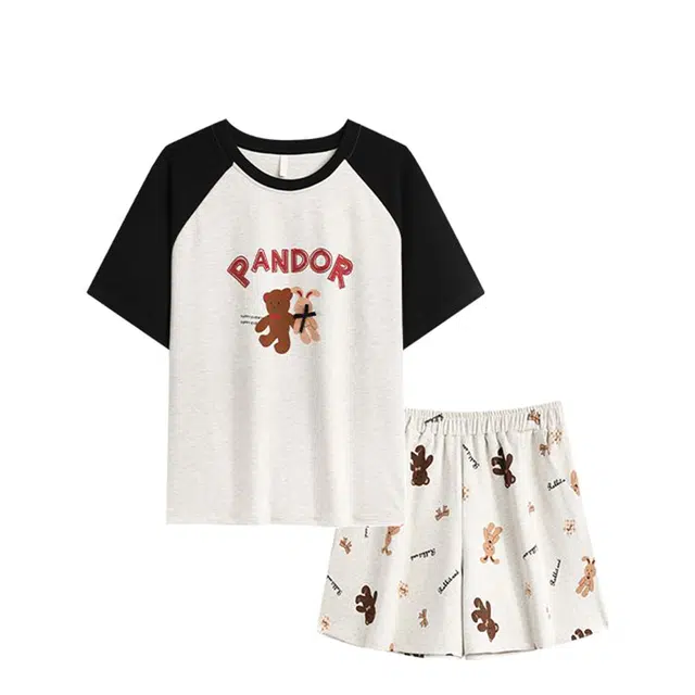 俏韵 圆领卡通短袖可爱短裤套头带胸垫家居服可外穿睡衣套装 女款