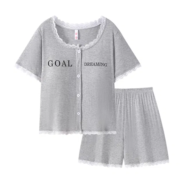 宫蝶 短袖小清新家居服可外穿带胸垫甜美风休闲睡衣套装 女款