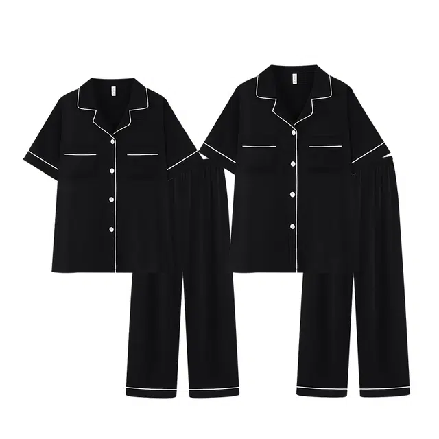 俏韵 凉感翻领开衫短袖长裤纯色高级感家居服睡衣套装 男女同款