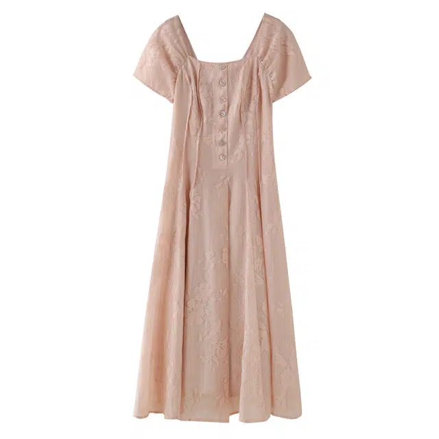 花栗鼠小姐 夏日桃夭设计师私藏系列法式气质浪漫意境美感大方领短袖连衣裙 女款