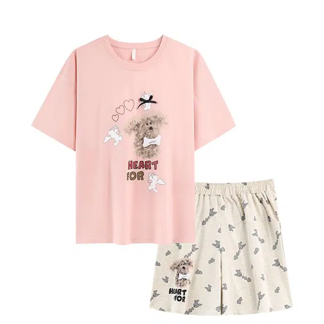 俏韵 圆领卡通短袖可爱套头带胸垫甜美家居服可外穿睡衣套装 女款