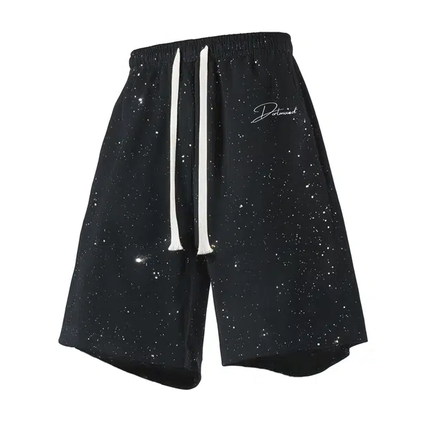 普鲁士多特蒙德 美式复古街头简约基础满天星设计手写花体潮牌印花宽松舒适百搭时尚潮流通勤透气凉感吸湿排汗速干抽绳运动五分休闲短裤 男女同款