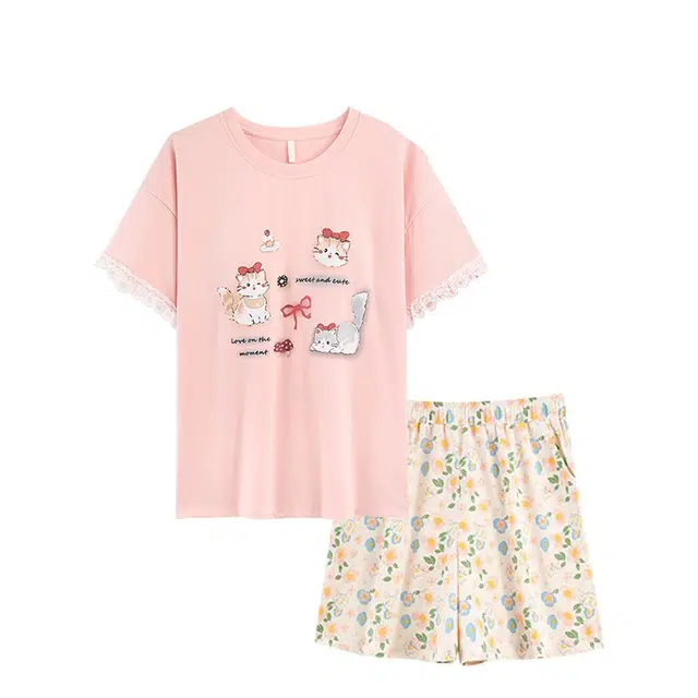 俏韵 圆领卡通短袖可爱带胸垫甜美家居服可外穿三分裤夏季睡衣套装 女款