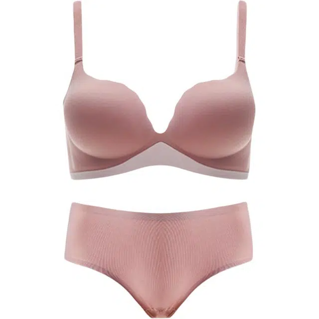 潞优野 纯色小胸聚拢显大加厚无痕柔软内衣裤套装 女款