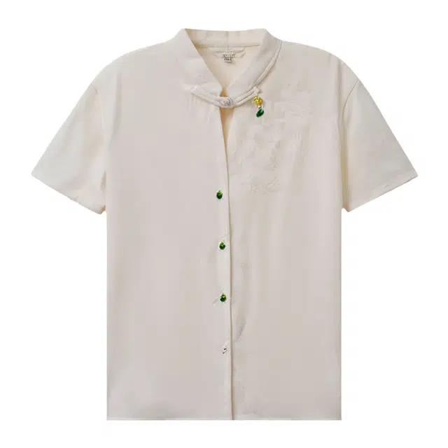 潞优野 新中式国风盘扣女式夏季优雅气质连肩袖设计立领上衣 衬衫 女款