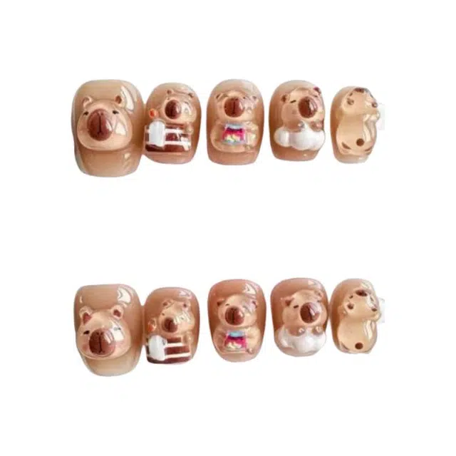 计轩 卡通捏捏穿戴甲卡皮巴拉成人立体短款可爱美甲  短款棕色渐变 可爱