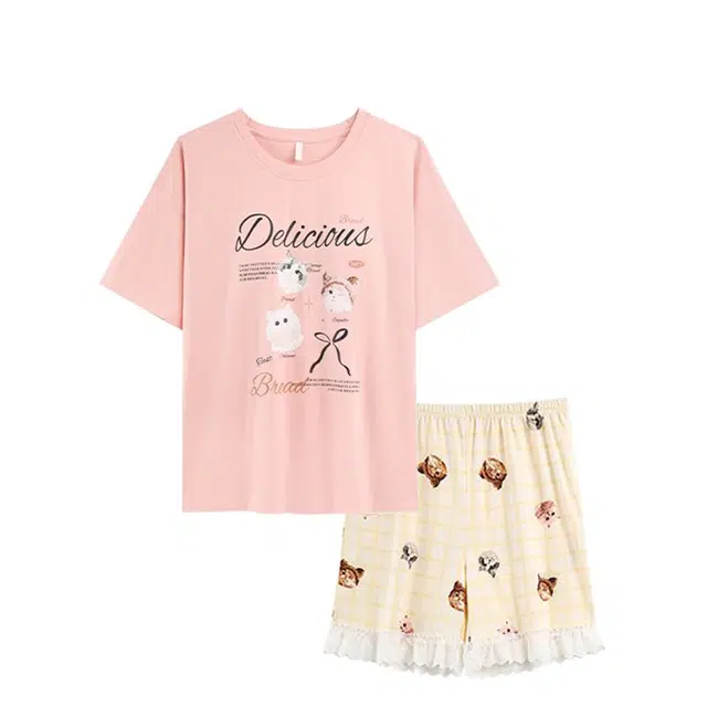 俏韵 圆领卡通短袖可爱套头带胸垫家居服可外穿夏季睡衣套装 女款