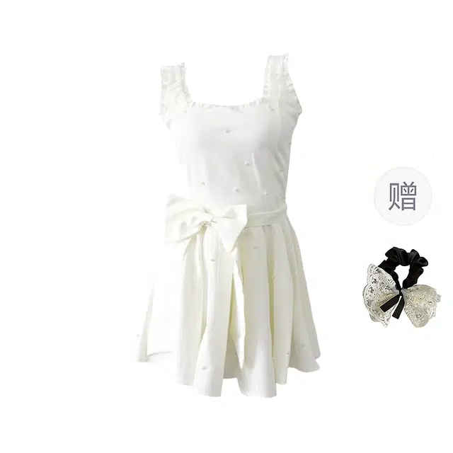 涂诗菲 法式优雅轻奢高级感小个子掐腰蝴蝶结甜美木耳边吊带连衣裙 女款