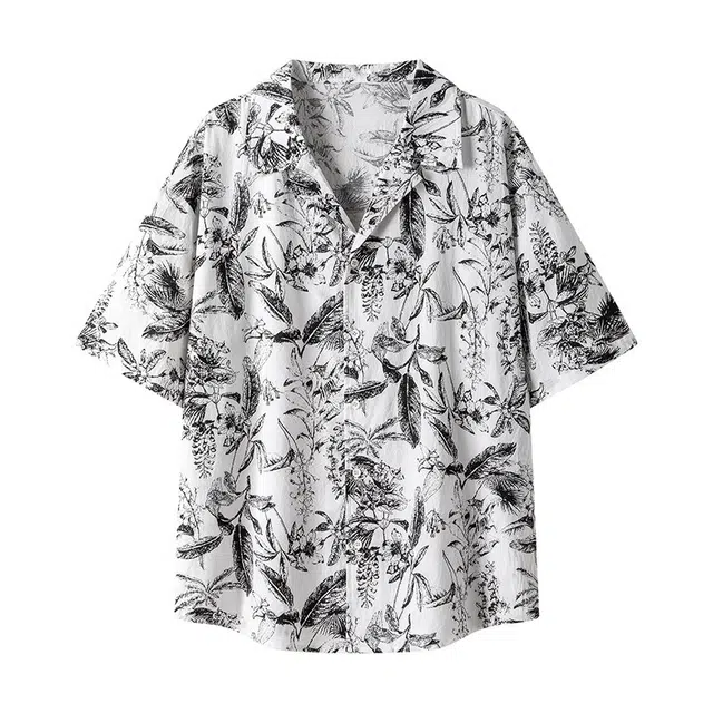 零氏 水墨薄款透气纯棉衬衣翻领设计休闲衣服夏威夷海边度假沙滩短袖衬衫 男女同款