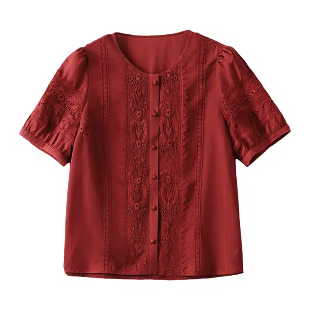 潞优野 莱赛尔蕾丝拼接泡泡袖女夏季复古刺绣设计感短袖上衣衬衫 女款