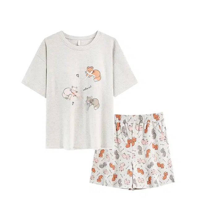 俏韵 甜美圆领卡通短袖可爱带胸垫家居服可外穿三分裤夏季睡衣套装 女款