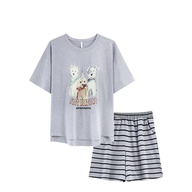 俏韵 圆领卡通短袖可爱套头带胸垫家居服可外穿睡衣套装 女款