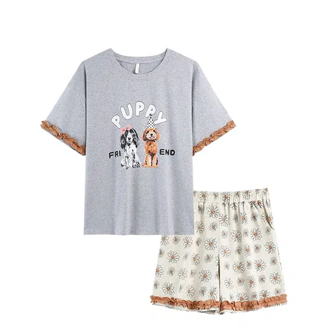 俏韵 圆领卡通短袖可爱甜美带胸垫家居服可外穿三分裤夏季睡衣套装 女款