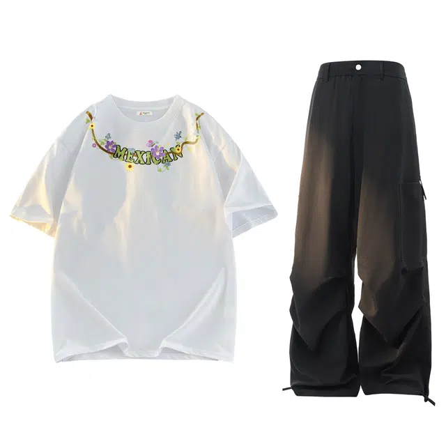 稻草人 美式高街植物花卉花枝仿刺绣字母宽松亲肤圆领纯棉短袖透气百搭日系学院风直筒纯色简约透气褶皱长裤休闲运动套装 男女同款