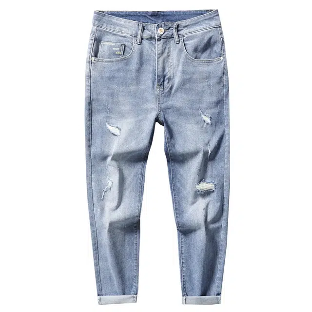 吉肯蒂 破洞九分宽松直筒做旧复古牛仔裤 男款