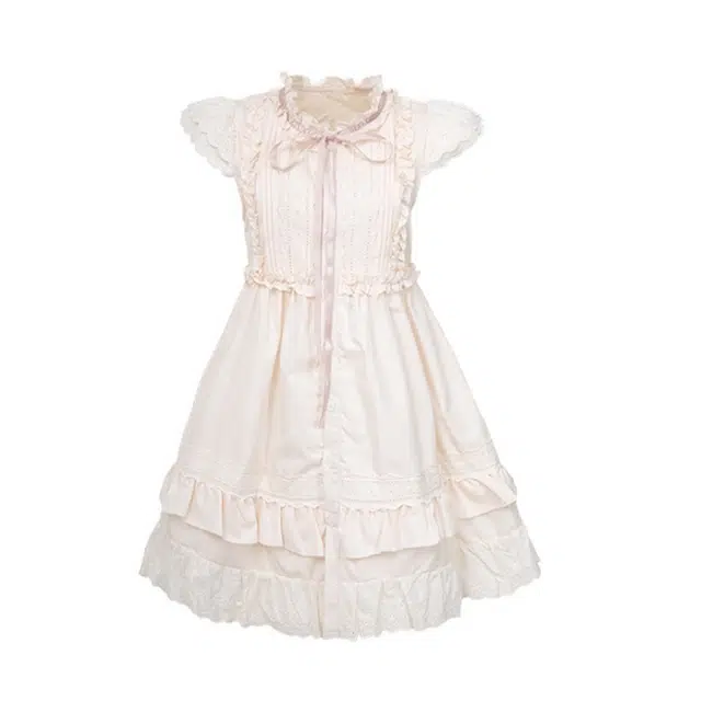 木清清 甜美初恋感小飞袖套头高腰短款木耳边短袖连衣裙 女款