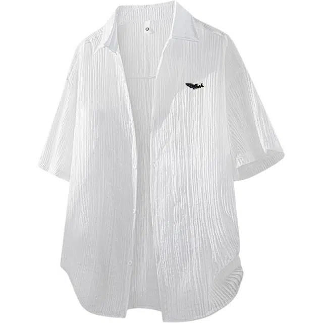 大白鲨 品牌高端宽松透气防晒纯色沙滩度假旅游夏季短袖衬衫 男女同款