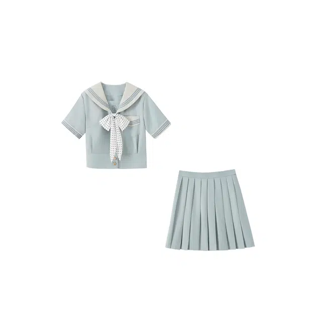 花山家的猫 甜美校园波点大领结海军领雾霾短袖制服 女款