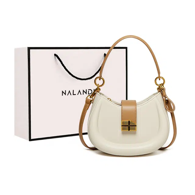 纳兰杜 高级感时尚包包女百搭少女包潮流小众设计感 合成革 马鞍包腋下包斜挎包单肩包 小号 女款 米白拼杏