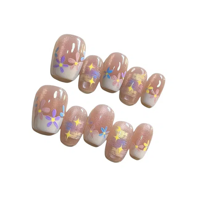 计轩 春日油画莫奈花园穿戴甲彩色云朵彩虹美甲氛围感猫眼显白  短款粉色纯色 亮片