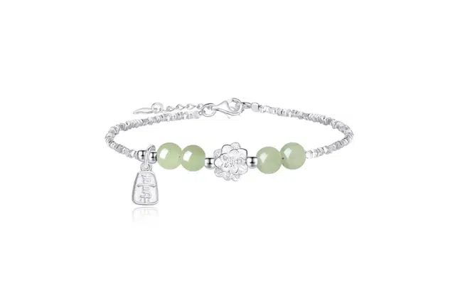 尚银福 莲花碎银 森系小清新 时尚优雅气质 轻奢高级感 国潮新中式小众创意设计 平安喜乐合成/人造 琉璃 手链 女款