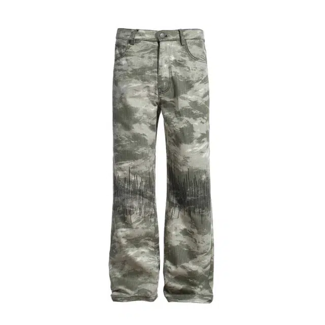 极限涡轮 美式复古街头迷彩刺绣百搭潮微喇休闲直筒宽松阔腿长裤牛仔裤 男女同款