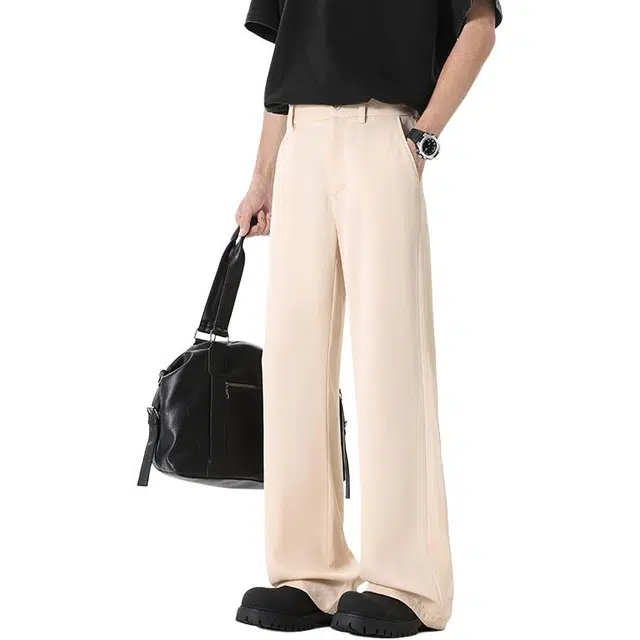 顶峰保罗 纯色冰丝透气宽松休闲直筒长裤日系复古潮牌简约小众百搭垂感拖地阔腿西装裤 男女同款