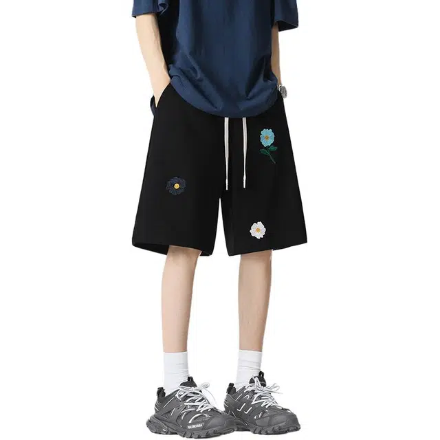 单爵 美式复古小花刺绣外穿松弛感慵懒风裤子情侣五分中裤夏季休闲短裤 男女同款
