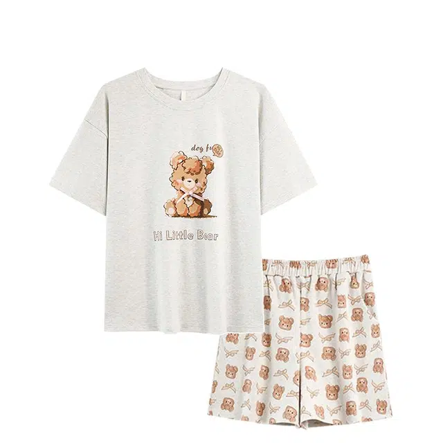 俏韵 卡通短袖圆领可爱套头带胸垫甜美家居服可外穿睡衣套装 女款