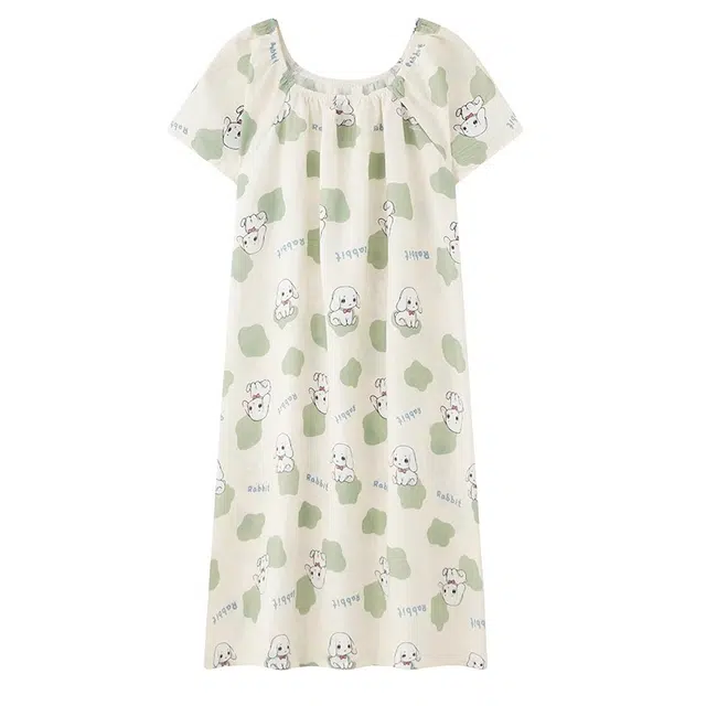 俏韵 圆领中长款甜美印花凉感薄款家居服可外穿短袖夏季睡裙 女款