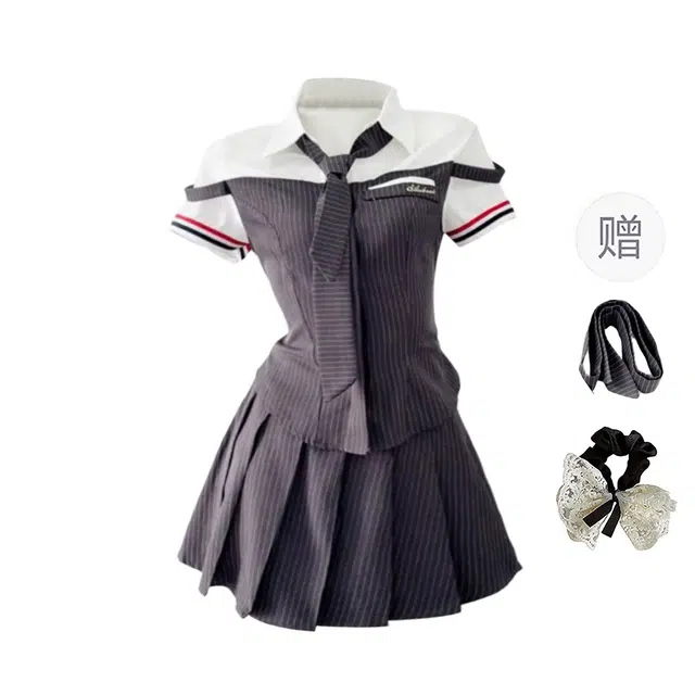 涂诗菲 美式学院风条纹假两件拼接设计感衬衫百褶短裙两件套裙装套装 女款