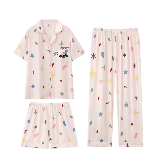 俏韵 翻领条纹短袖三件套可爱卡通小狗家居服可外穿睡衣套装 女款