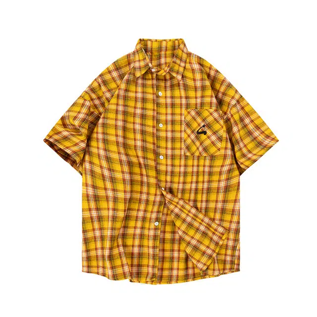 零氏 格子简约宽松休闲口袋夏季短袖衬衫 男女同款