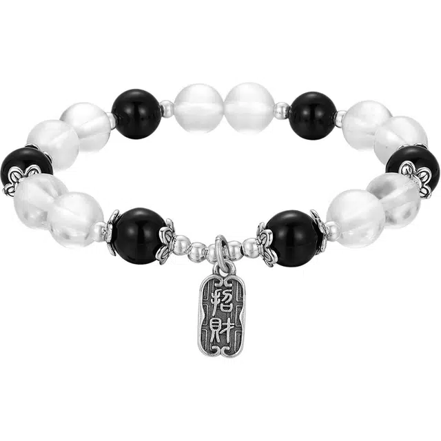 老庙 招财纳福 经典福牌吉祥挂件串珠链手饰简约时尚百搭天然 白水晶 手串 女款