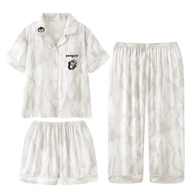 俏韵 翻领冰丝凉感可爱企鹅短袖长裤三件套家居服可外穿夏季睡衣套装 男女同款