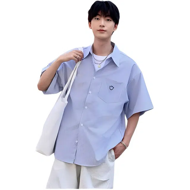 木木兔 复古美式透气时尚条纹笑脸简约学生潮流短袖衬衫 男款