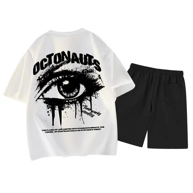 海底小纵队 美式潮流高街人物血轮之眼素描字母印花暗黑系宽松重磅透气落肩上衣圆领跑步健身纯棉速干短袖短裤休闲运动套装 男女同款