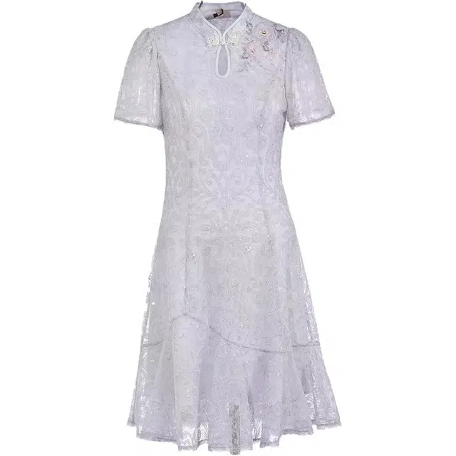 粉红玛琍 复古百褶裙气质通勤修身中腰短袖连衣裙 女款