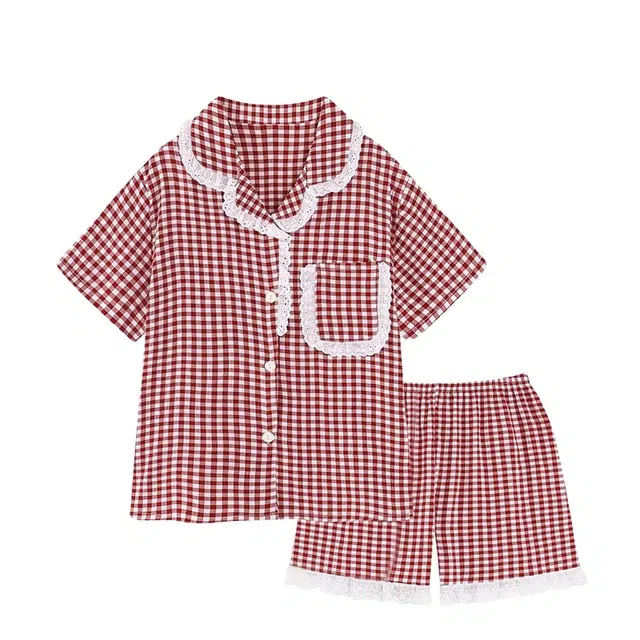 俏韵 翻领短袖甜美格子家居服可外穿夏季睡衣套装 女款