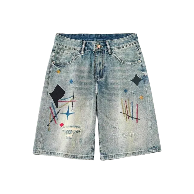 零氏 美式复古痞帅修身休闲百搭潮流刺绣破洞五分牛仔短裤 男女同款