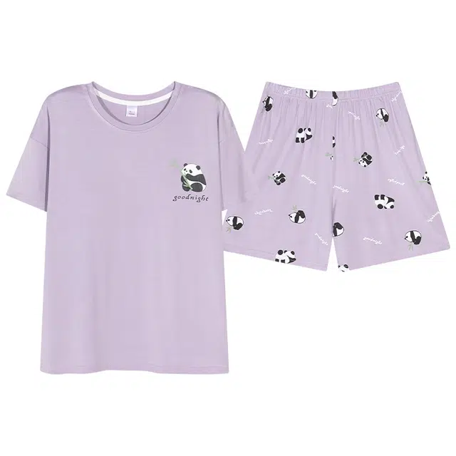 莫代尔 个性时尚气质百搭大方圆领纯棉休闲简约宽松显瘦短袖短裤不易起球家居服可外穿睡衣套装 女款