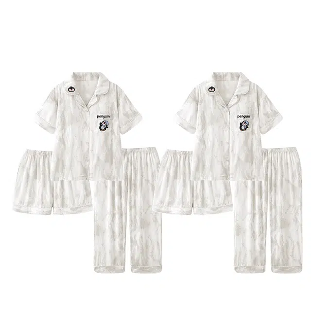 俏韵 翻领冰丝凉感可爱企鹅短袖长裤三件套家居服可外穿夏季睡衣套装 男女同款