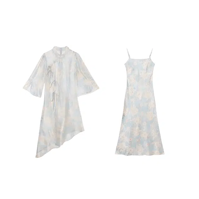 敲模女孩 新中式气质清冷感防晒罩衫叠穿国风收腰修身吊带连衣裙裙装套装 女款