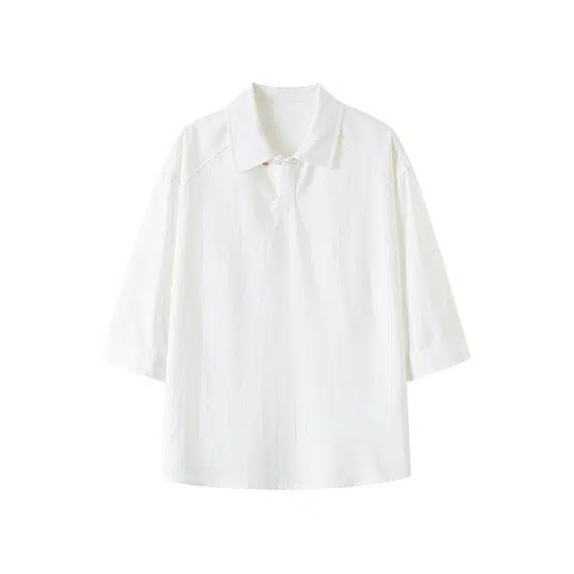 零氏 港风复古简约文艺冰丝透气宽松五分袖百搭纯色翻领休闲短袖衬衫 男女同款