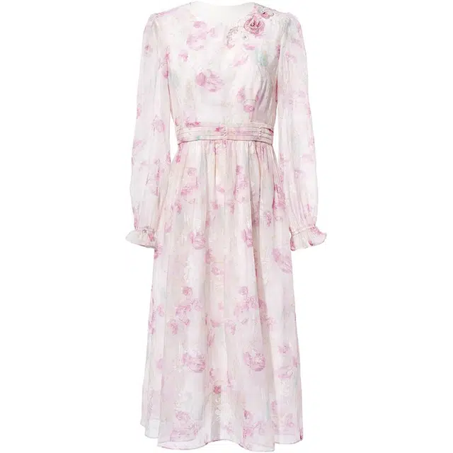 粉红玛琍 蕾丝碎花收腰七分袖气质通勤长袖连衣裙 女款