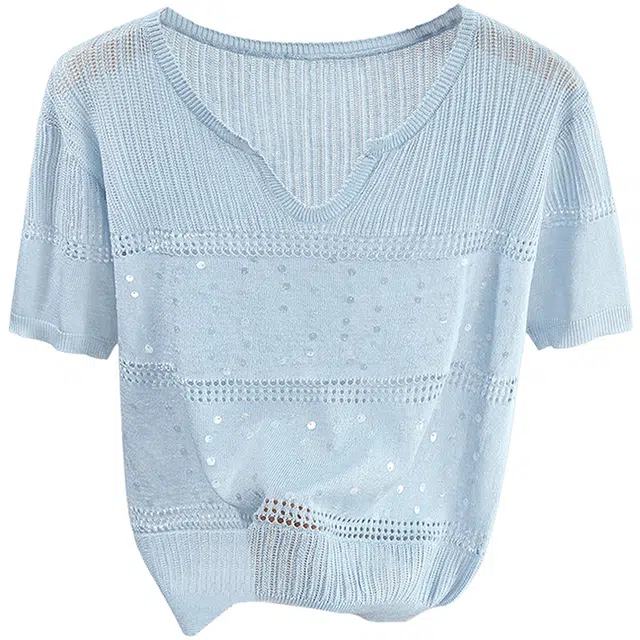 她池 短袖上衣拼接通勤舒适针织衫 女款