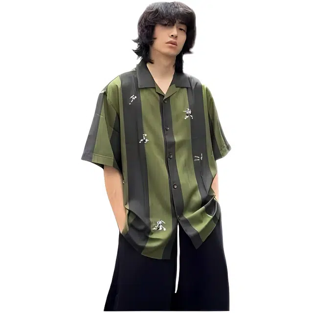 木木兔 复古美式时尚简约轻便透气桑巴个性刺绣凉感条纹短袖衬衫 男款