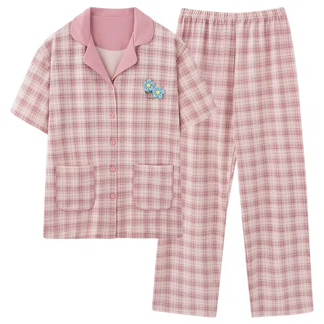 品彩 薄款格子短袖长裤可外穿夏季睡衣套装 女款